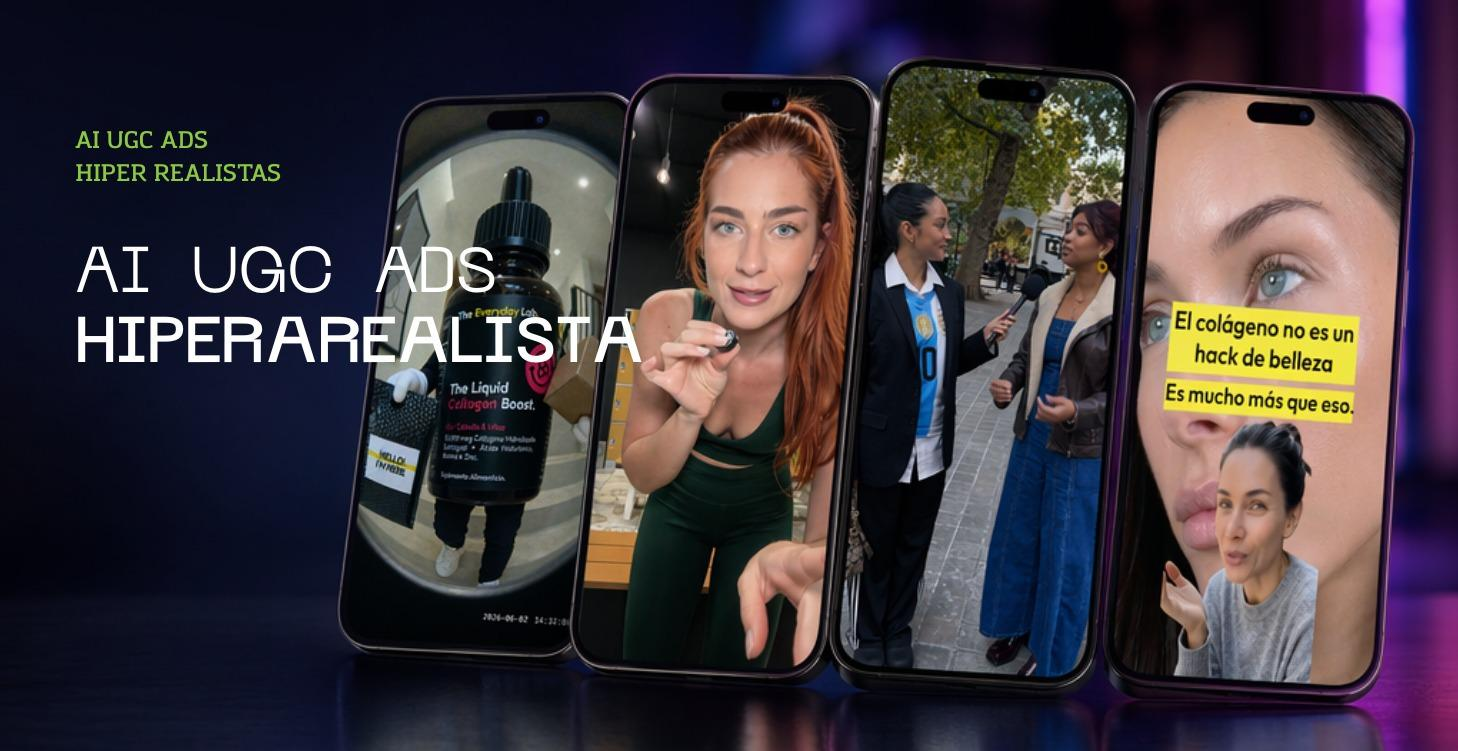Anuncios UGC hiperrealistas generados con IA, mostrados en cuatro pantallas de celular